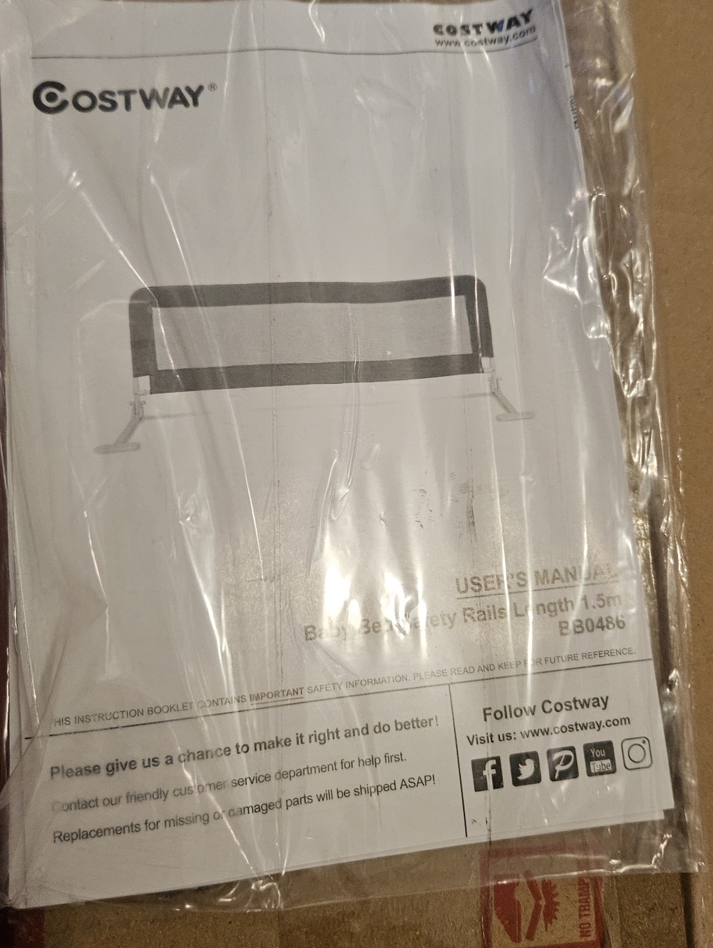 Costway Bed Safety Rail Gray 1.5m